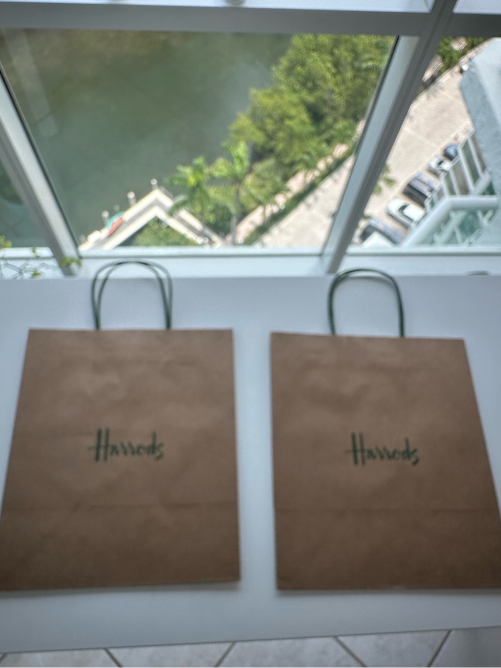 Harrods Brown Paper Shopping Bags Set of 2 Green Logo and Handles